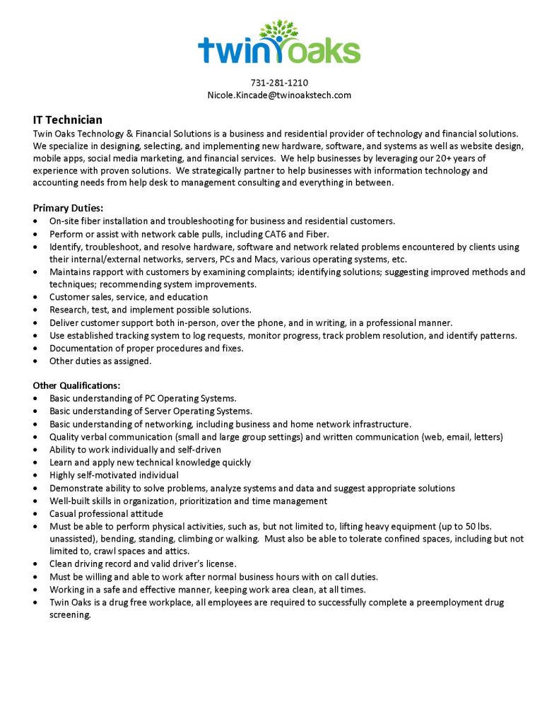 IT Technician Job Description 62819 Twin Oaks Technology